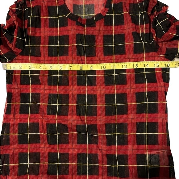 *CLEARANCE* Bar III sheer chiffon ruched sleeve red & black plaid long sleeve - Picture 9 of 9